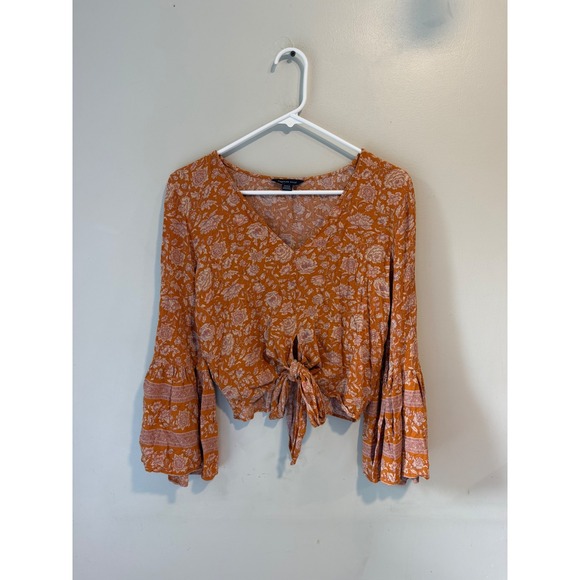 American Eagle Outfitters Tops - American Eagle Floral Tie Front Bell Sleeve Crop Top Rust Orange Boho Womens M